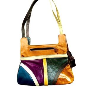 Leather Purse Color Block Shoulder Bag Patchwork Handcrafted Mexico BOHO RETRO